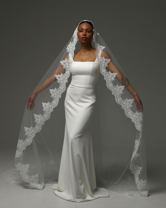 Lace Boho Cathedral Veil: One Tier Mantilla, Ivory Tulle