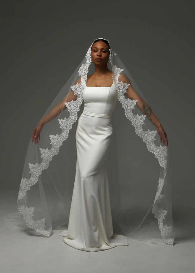 Lace Boho Cathedral Veil: One Tier Mantilla, Ivory Tulle