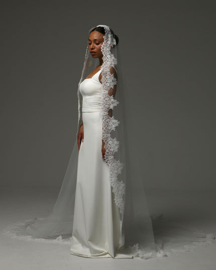 Lace Boho Cathedral Veil: One Tier Mantilla, Ivory Tulle