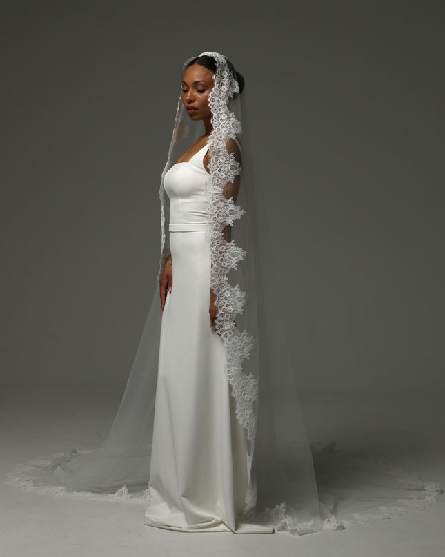 Lace Boho Cathedral Veil: One Tier Mantilla, Ivory Tulle