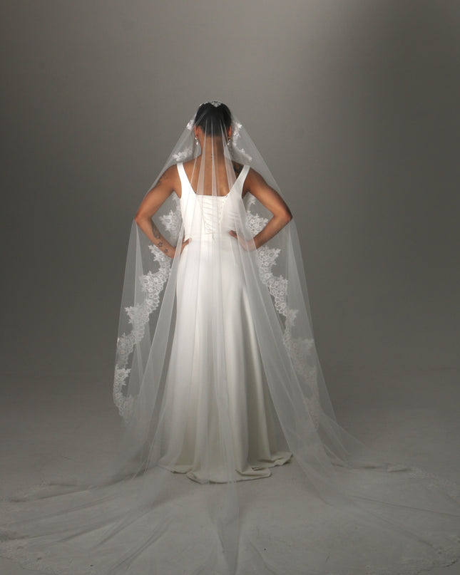 Lace Boho Cathedral Veil: One Tier Mantilla, Ivory Tulle