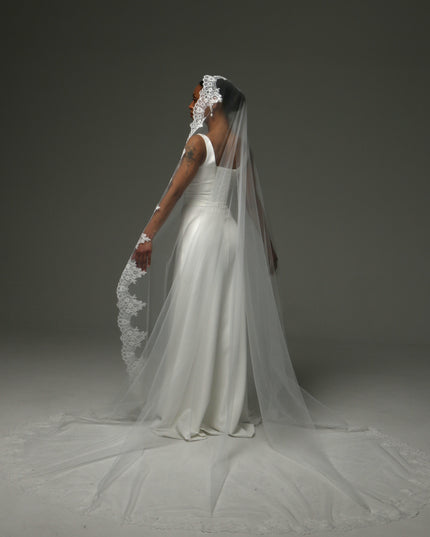 Lace Boho Cathedral Veil: One Tier Mantilla, Ivory Tulle