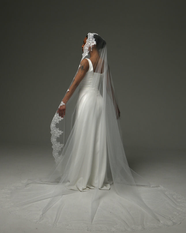 Lace Boho Cathedral Veil: One Tier Mantilla, Ivory Tulle