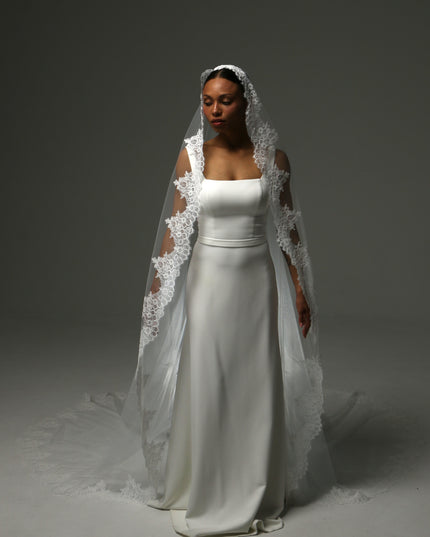 Lace Boho Cathedral Veil: One Tier Mantilla, Ivory Tulle