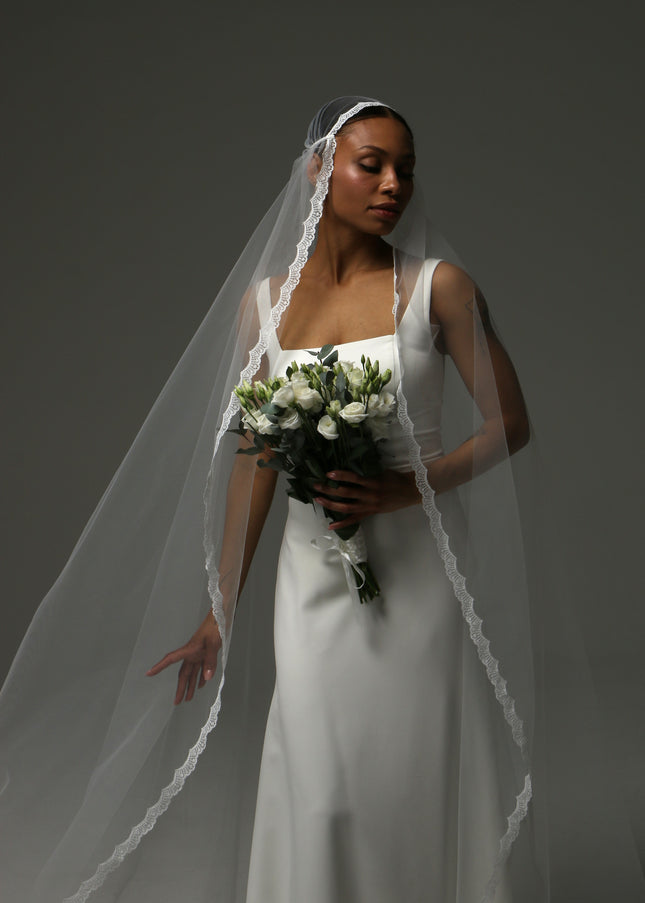 Juliet Cap Cathedral Veil – Lace Edge Soft Tulle Veil