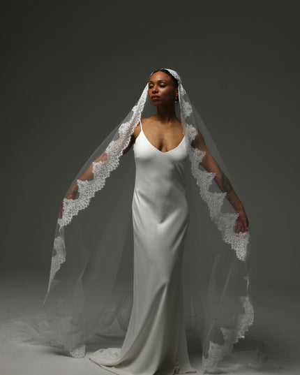 Juliet Cap Cathedral Veil – Wide Lace Edge Bridal Veil