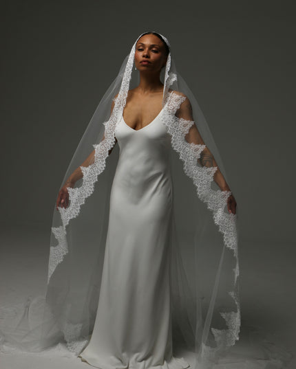 Juliet Cap Cathedral Veil – Wide Lace Edge Bridal Veil