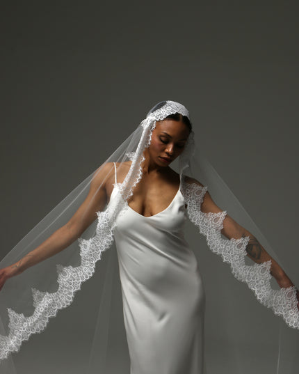 Juliet Cap Cathedral Veil – Wide Lace Edge Bridal Veil
