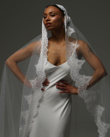 Juliet Cap Cathedral Veil – Wide Lace Edge Bridal Veil