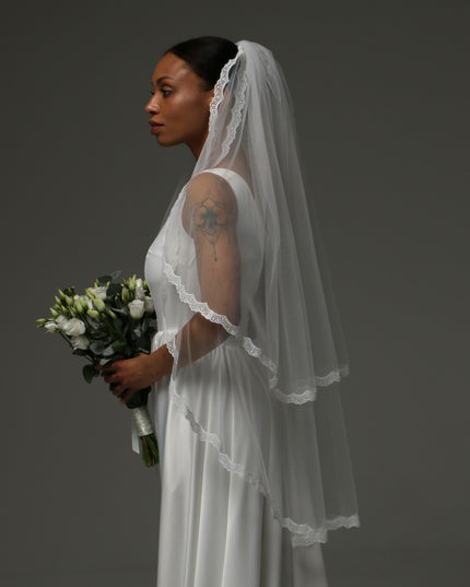 Short Two Tier Veil – Lace Edge Soft Tulle Bridal Veil