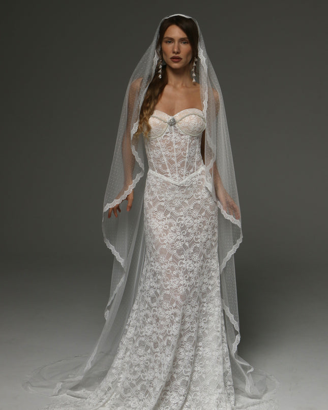 Cathedral Lace Wedding Veil with Blusher 118 Inch