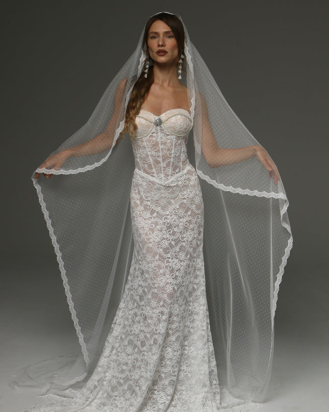 Cathedral Lace Wedding Veil with Blusher 118 Inch