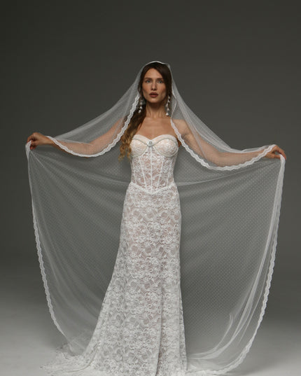Cathedral Lace Wedding Veil with Blusher 118 Inch