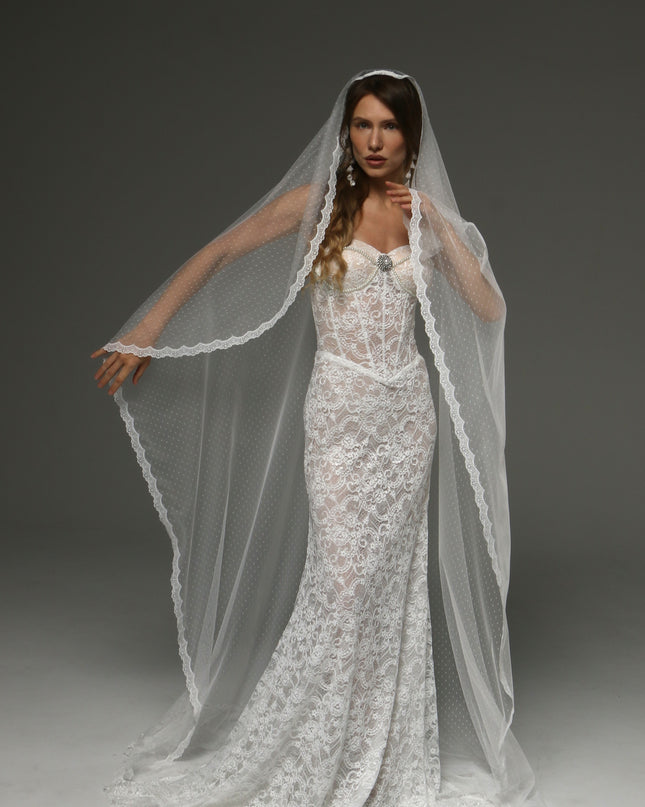 Cathedral Lace Wedding Veil with Blusher 118 Inch