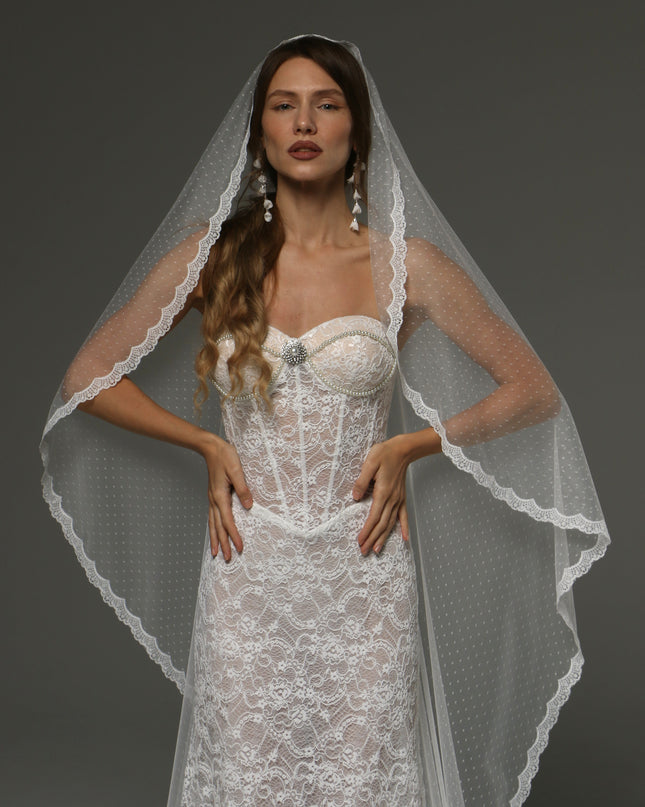 Cathedral Lace Wedding Veil with Blusher 118 Inch