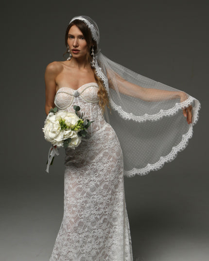 Juliet Cap Veil with Chantilly Lace Edge Birdcage Style