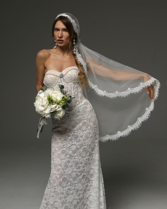Juliet Cap Veil with Chantilly Lace Edge Birdcage Style