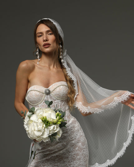 Juliet Cap Veil with Chantilly Lace Edge Birdcage Style