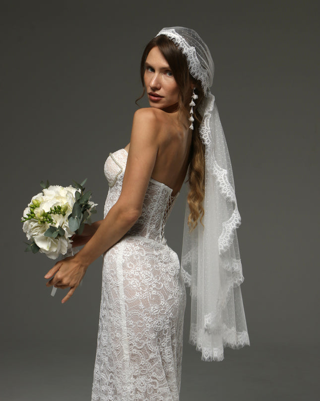 Juliet Cap Veil with Chantilly Lace Edge Birdcage Style