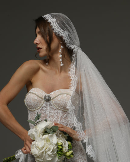 Juliet Cap Veil with Chantilly Lace Edge Birdcage Style