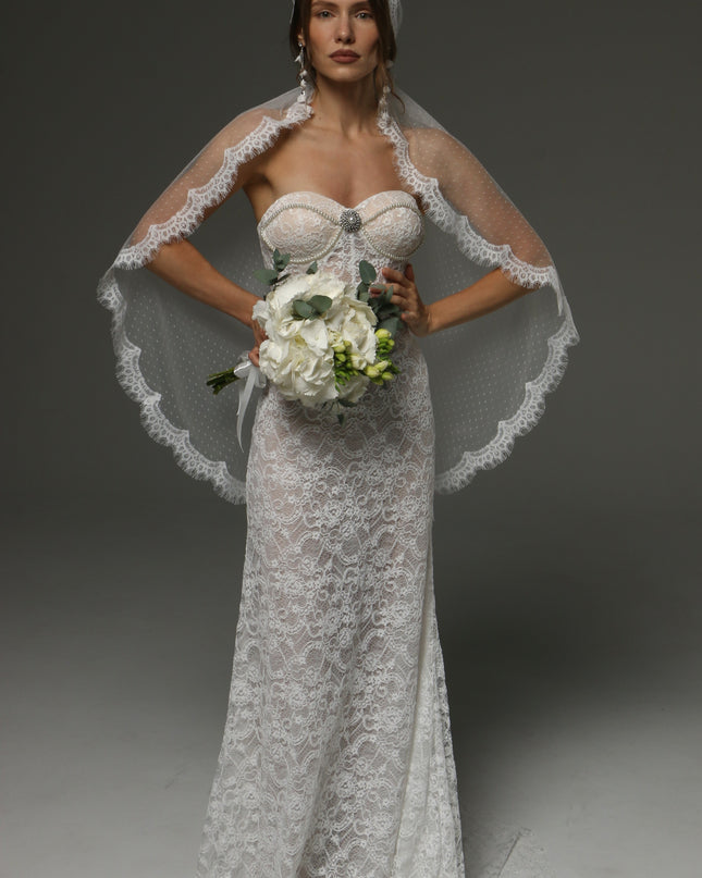 Juliet Cap Veil with Chantilly Lace Edge Birdcage Style