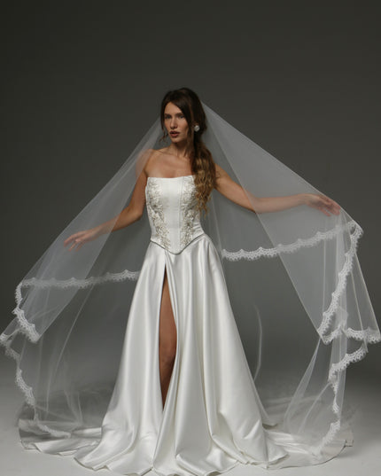 Two-Tier Cathedral Veil with Chantilly Lace Edge & Blusher – 108" Bridal Veil