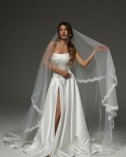 Two-Tier Cathedral Veil with Chantilly Lace Edge & Blusher – 108" Bridal Veil