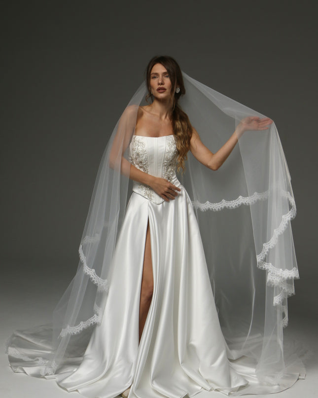 Two-Tier Cathedral Veil with Chantilly Lace Edge & Blusher – 108" Bridal Veil