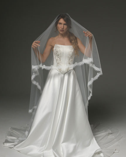 Two-Tier Cathedral Veil with Chantilly Lace Edge & Blusher – 108" Bridal Veil