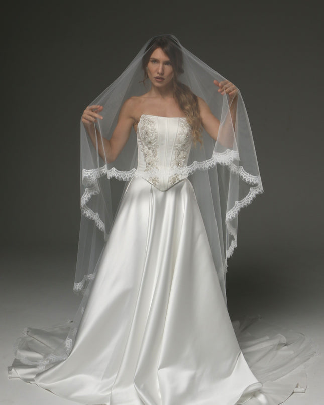 Two-Tier Cathedral Veil with Chantilly Lace Edge & Blusher – 108" Bridal Veil