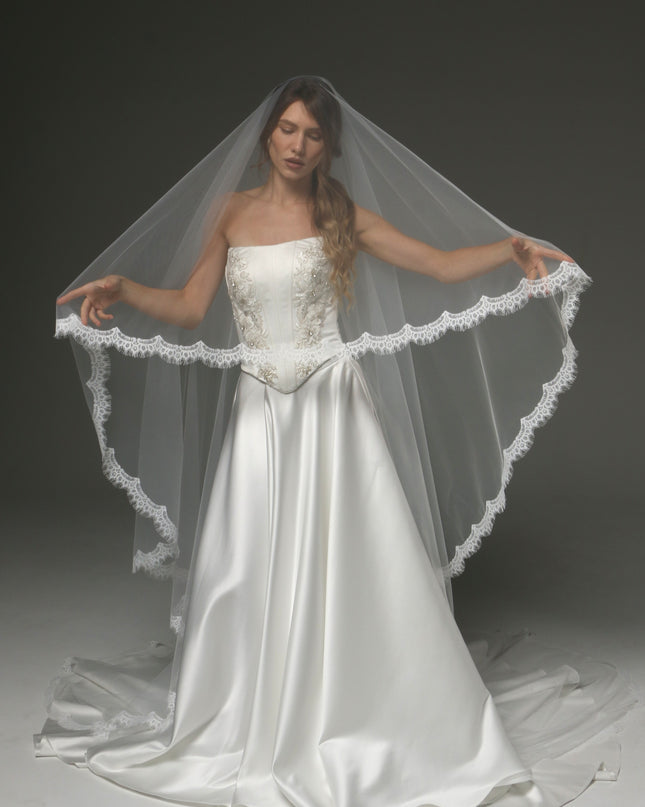 Two-Tier Cathedral Veil with Chantilly Lace Edge & Blusher – 108" Bridal Veil