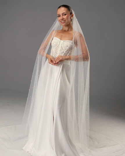 Handmade Ivory Pearl Wedding Veil | Italian Tulle, Chapel Length