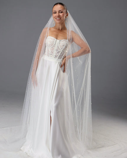 Handmade Ivory Pearl Wedding Veil | Italian Tulle, Chapel Length