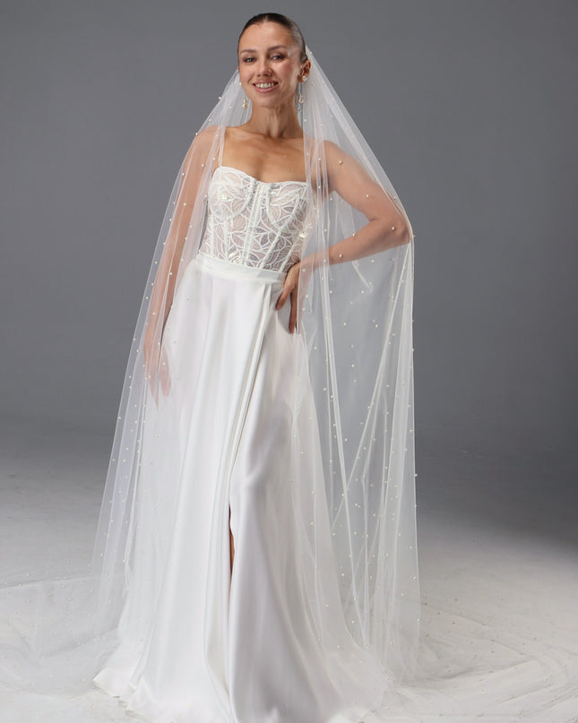 Handmade Ivory Pearl Wedding Veil | Italian Tulle, Chapel Length