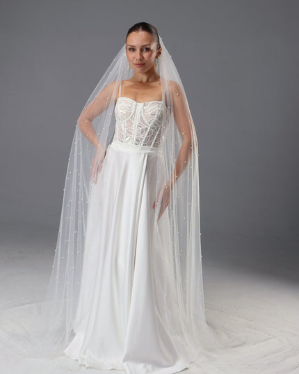 Handmade Ivory Pearl Wedding Veil | Italian Tulle, Chapel Length