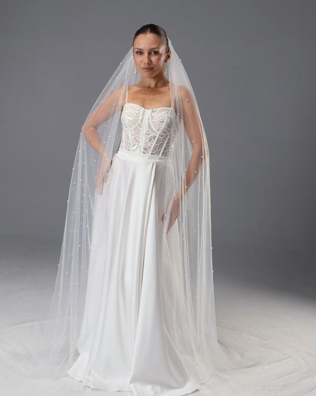 Handmade Ivory Pearl Wedding Veil | Italian Tulle, Chapel Length