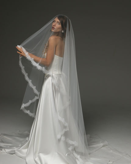 Two-Tier Cathedral Veil with Chantilly Lace Edge & Blusher – 108" Bridal Veil