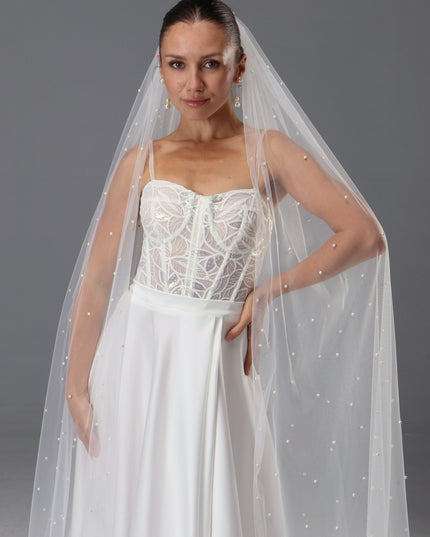 Handmade Ivory Pearl Wedding Veil | Italian Tulle, Chapel Length