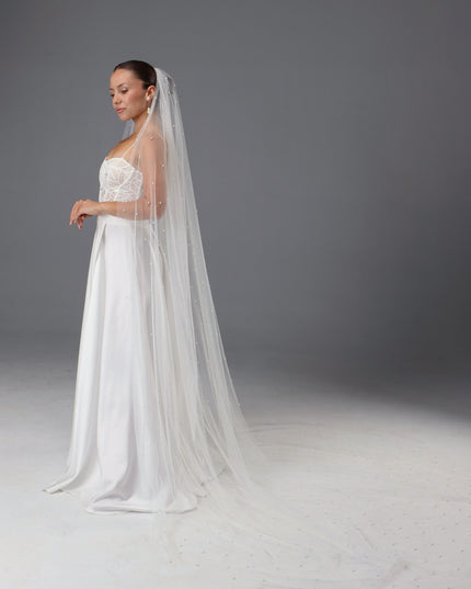 Handmade Ivory Pearl Wedding Veil | Italian Tulle, Chapel Length