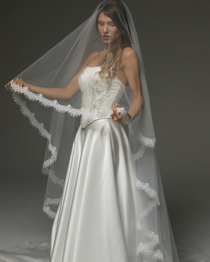 Two-Tier Cathedral Veil with Chantilly Lace Edge & Blusher – 108" Bridal Veil