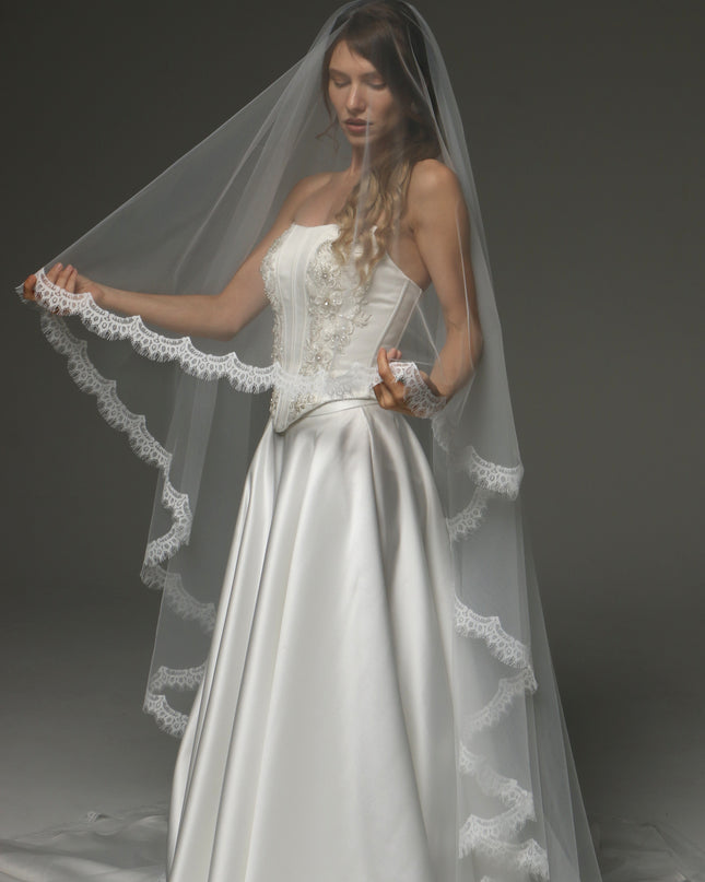 Two-Tier Cathedral Veil with Chantilly Lace Edge & Blusher – 108" Bridal Veil