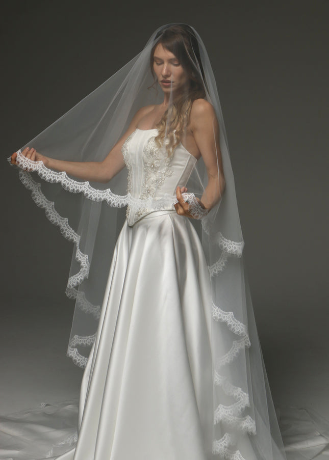 Two-Tier Cathedral Veil with Chantilly Lace Edge & Blusher – 108" Bridal Veil