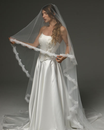 Two-Tier Cathedral Veil with Chantilly Lace Edge & Blusher – 108" Bridal Veil