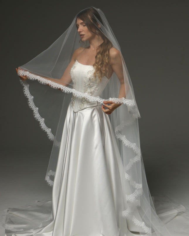 Two-Tier Cathedral Veil with Chantilly Lace Edge & Blusher – 108" Bridal Veil