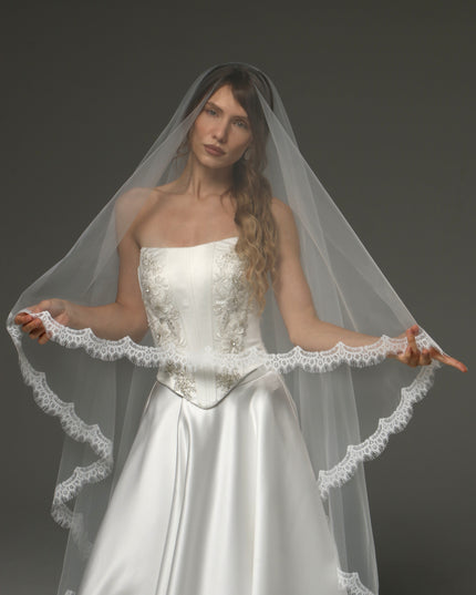 Two-Tier Cathedral Veil with Chantilly Lace Edge & Blusher – 108" Bridal Veil