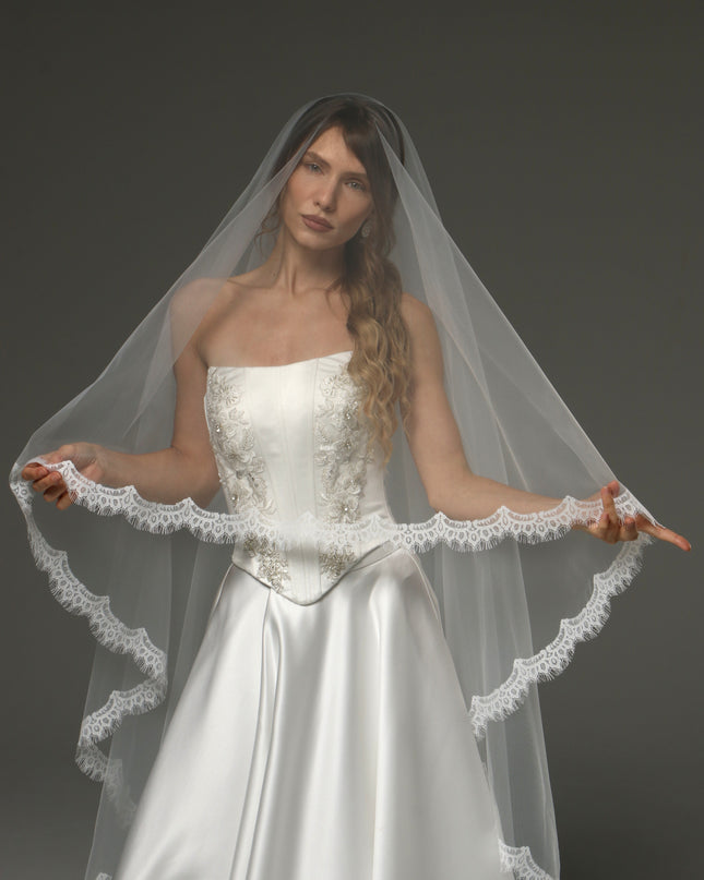 Two-Tier Cathedral Veil with Chantilly Lace Edge & Blusher – 108" Bridal Veil