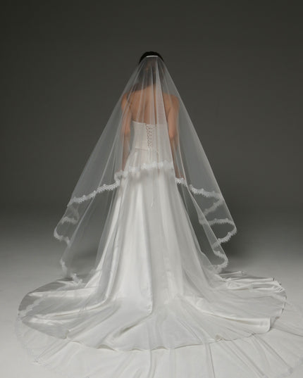 Two-Tier Cathedral Veil with Chantilly Lace Edge & Blusher – 108" Bridal Veil