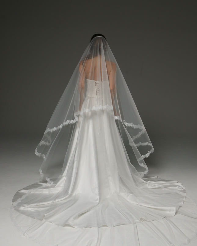 Two-Tier Cathedral Veil with Chantilly Lace Edge & Blusher – 108" Bridal Veil