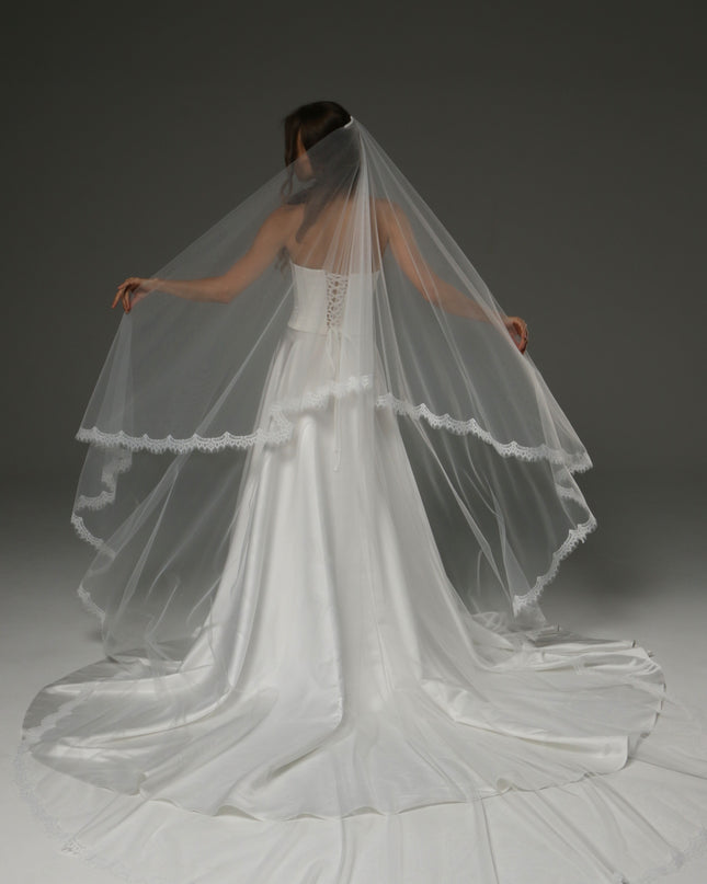 Two-Tier Cathedral Veil with Chantilly Lace Edge & Blusher – 108" Bridal Veil