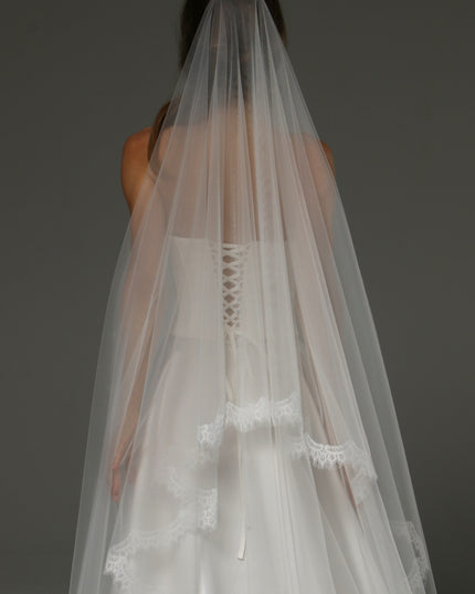 Two-Tier Cathedral Veil with Chantilly Lace Edge & Blusher – 108" Bridal Veil
